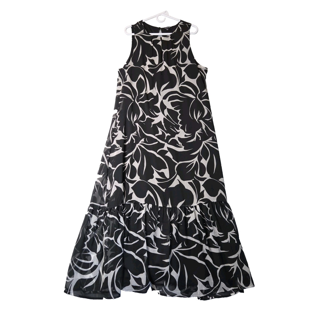 NWT Venus Black Woodcut Botanical Ruffle Hem Chiffon Maxi Dress Womens XL Lined